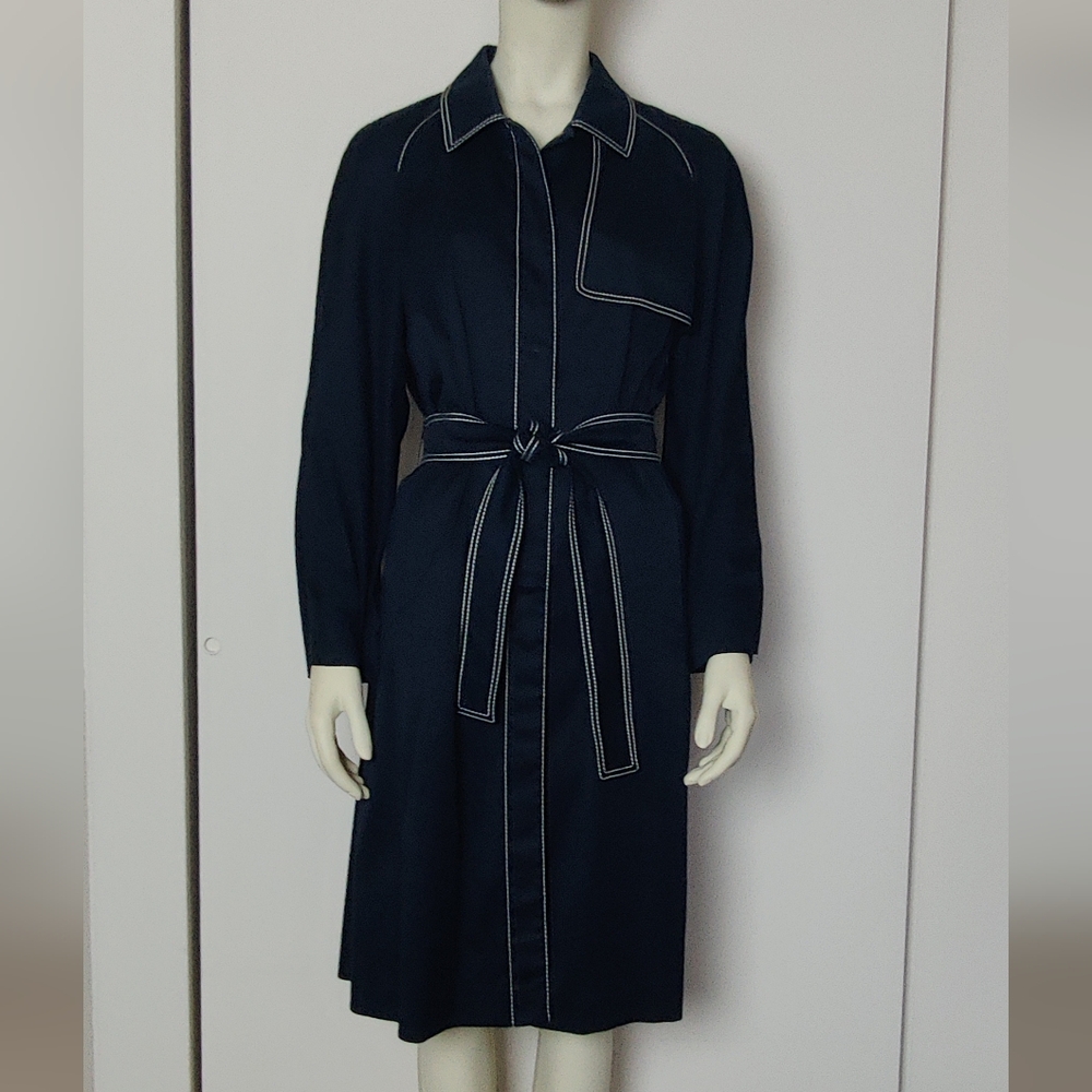 Les Copains Navy Blue White accent stitching Lightweight Cotton trench sz 44 M